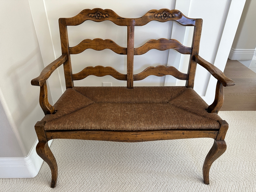 Antique Wooden Rush Seat Settee Bench (With Cushion - See Photos) 39W X 24D X 37H [Photo 1]
