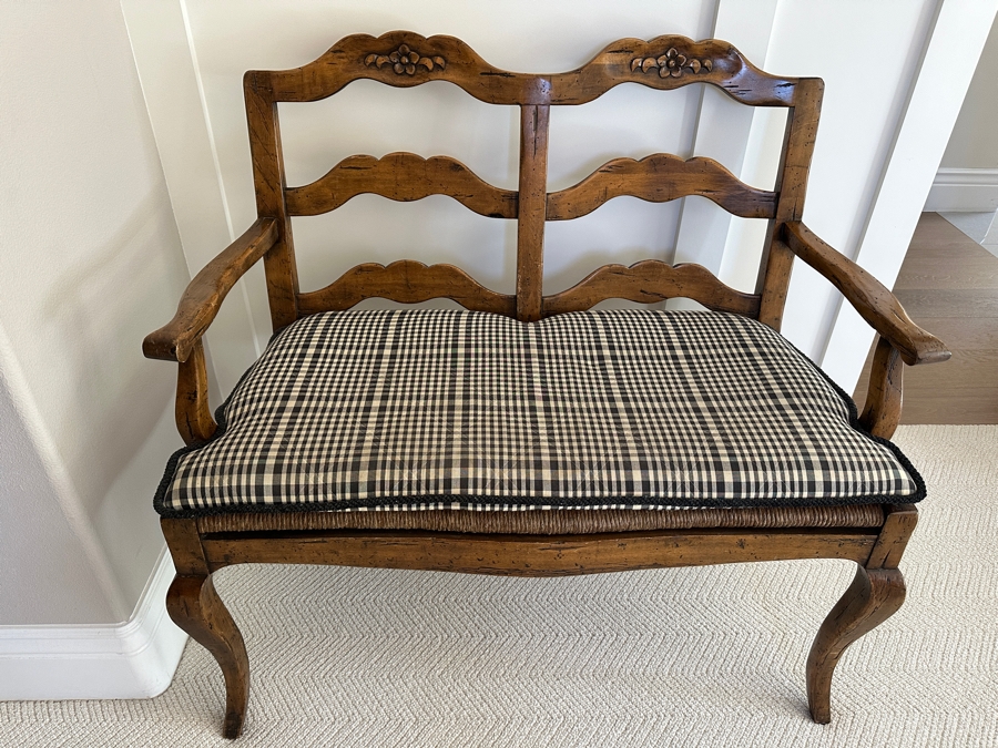 Guy Chaddock Wooden Rush Seat Settee Bench (With Cushion - See Photos) 39W X 24D X 37H [Photo 3]
