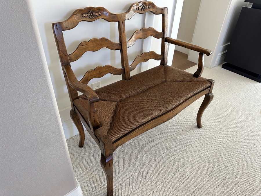 Guy Chaddock Wooden Rush Seat Settee Bench (With Cushion - See Photos) 39W X 24D X 37H [Photo 8]