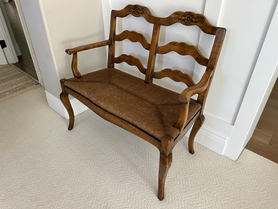 Guy Chaddock Wooden Rush Seat Settee Bench (With Cushion - See Photos) 39W X 24D X 37H [Photo 9]