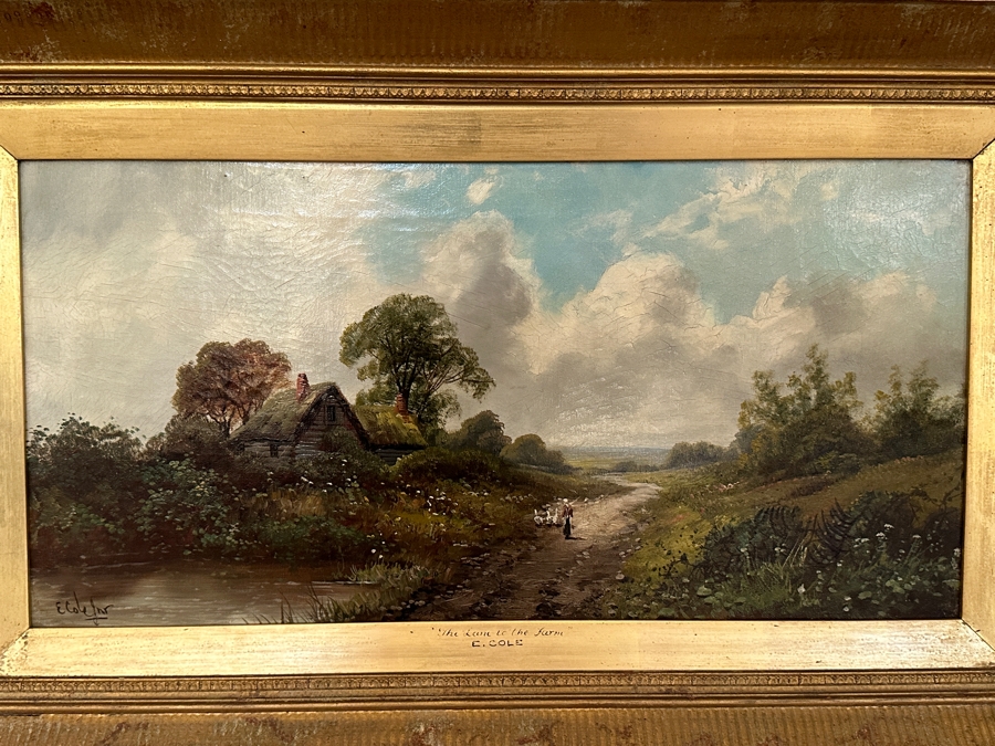 Edwin Cole (B. 1868, United Kingdom) Original Oil Painting On Canvas Titled 'The Lane To The Farm' 24 X 12 In Antique Wooden Frame 33 X 21