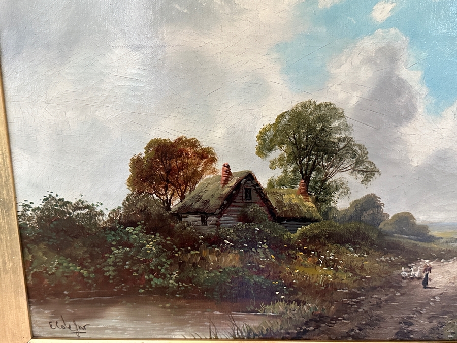 Edwin Cole (B. 1868, United Kingdom) Original Oil Painting On Canvas Titled 'The Lane To The Farm' 24 X 12 In Antique Wooden Frame 33 X 21 [Photo 6]