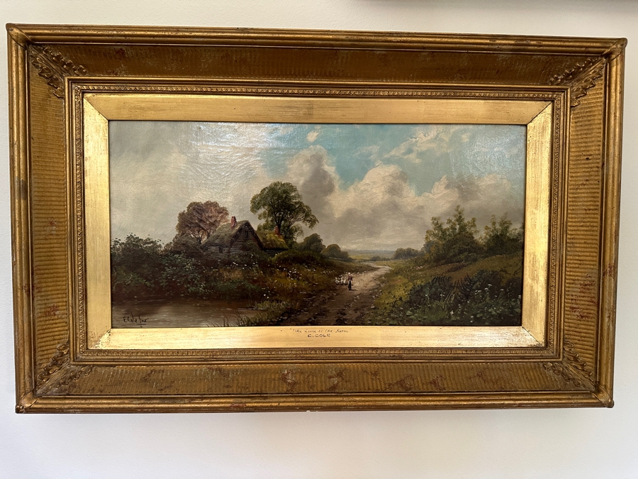 Edwin Cole (B. 1868, United Kingdom) Original Oil Painting On Canvas Titled 'The Lane To The Farm' 24 X 12 In Antique Wooden Frame 33 X 21 [Photo 2]