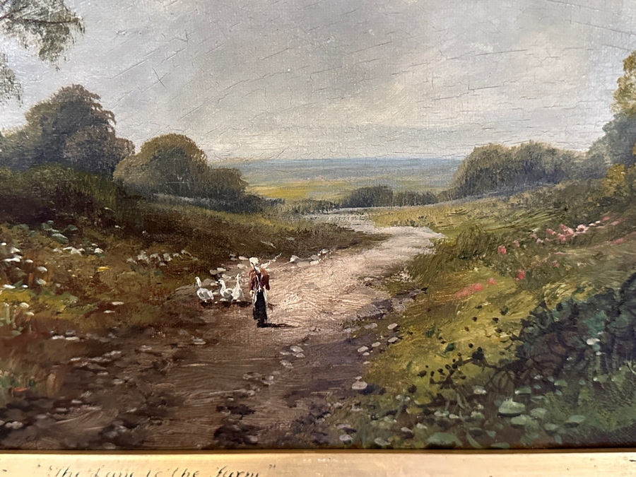 Edwin Cole (B. 1868, United Kingdom) Original Oil Painting On Canvas Titled 'The Lane To The Farm' 24 X 12 In Antique Wooden Frame 33 X 21 [Photo 7]