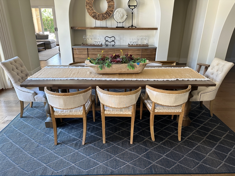 Stunning Restoration Hardware Wooden Dining Table 9' X 43.5' X 29.5'H With Eight Restoration Hardware Dining Chairs