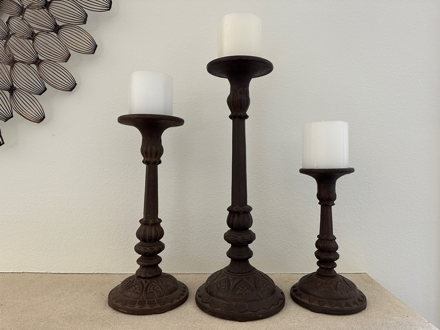 Set Of Three Cast Iron Candle Holders 10'H To 15'H