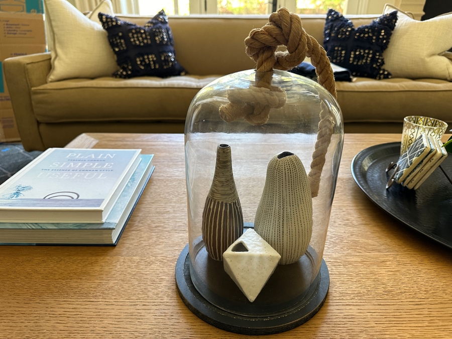 Three Decorative Japanese Pottery Pieces Under A Nautical Themed Glass Dome 12'H