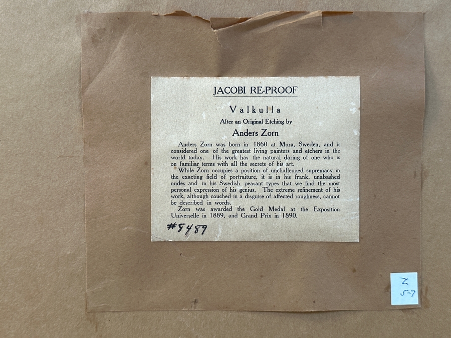 Signed Jacobi Re-Proof Etching After Anders Zorn 'Valkulla' 8 X 12 Framed 14 X 20 [Photo 7]