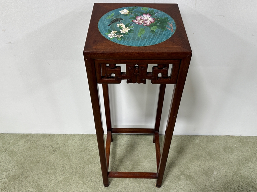 Just Added - Vintage Chinese Carved Hardwood Fern Stand Featuring A Round Cloisonne Inset Panel 12.5W X 12.5D X 35.5H [Photo 4]