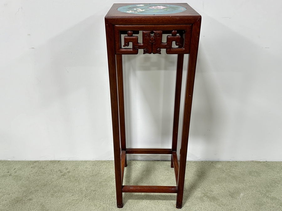 Just Added - Vintage Chinese Carved Hardwood Fern Stand Featuring A Round Cloisonne Inset Panel 12.5W X 12.5D X 35.5H [Photo 5]