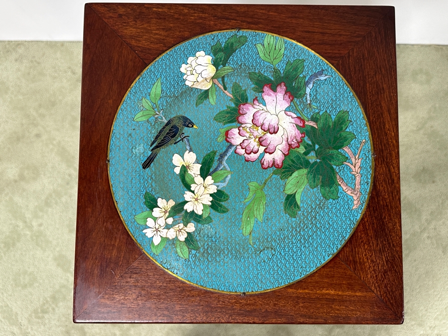 Just Added - Vintage Chinese Carved Hardwood Fern Stand Featuring A Round Cloisonne Inset Panel 12.5W X 12.5D X 35.5H [Photo 11]