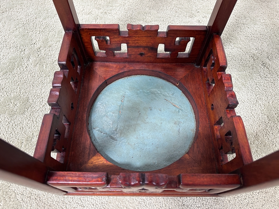 Just Added - Vintage Chinese Carved Hardwood Fern Stand Featuring A Round Cloisonne Inset Panel 12.5W X 12.5D X 35.5H [Photo 17]