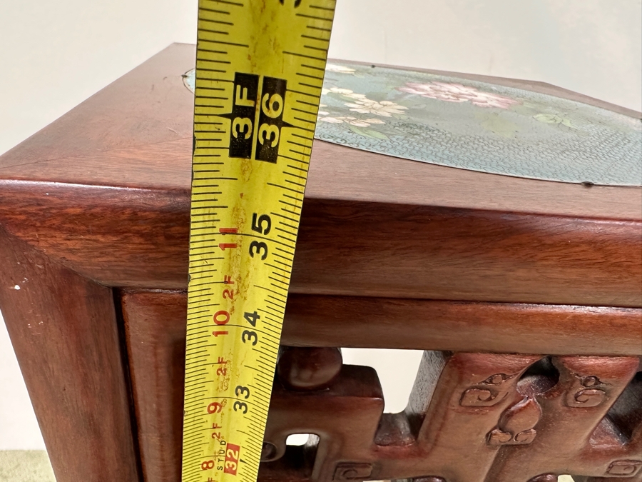 Just Added - Vintage Chinese Carved Hardwood Fern Stand Featuring A Round Cloisonne Inset Panel 12.5W X 12.5D X 35.5H [Photo 16]