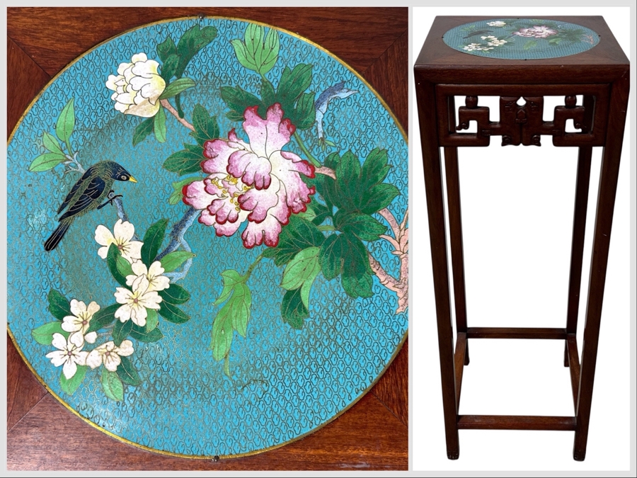 Just Added - Vintage Chinese Carved Hardwood Fern Stand Featuring A Round Cloisonne Inset Panel 12.5W X 12.5D X 35.5H