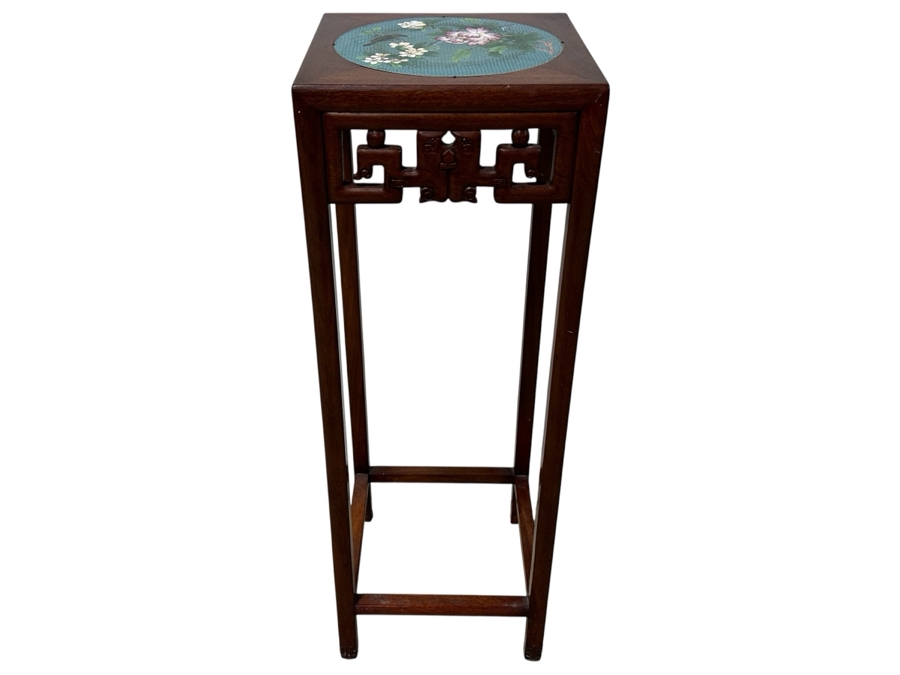 Just Added - Vintage Chinese Carved Hardwood Fern Stand Featuring A Round Cloisonne Inset Panel 12.5W X 12.5D X 35.5H [Photo 2]