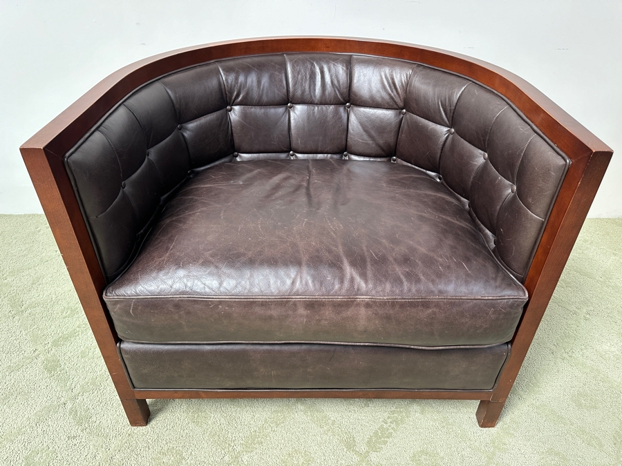 Just Added - Baker Furniture Archetype Maple And Brown Leather Round Tufted Barrel Back Club Chair 36W X 32D X 30H [Photo 2]