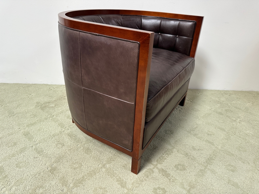 Just Added - Baker Furniture Archetype Maple And Brown Leather Round Tufted Barrel Back Club Chair 36W X 32D X 30H [Photo 3]