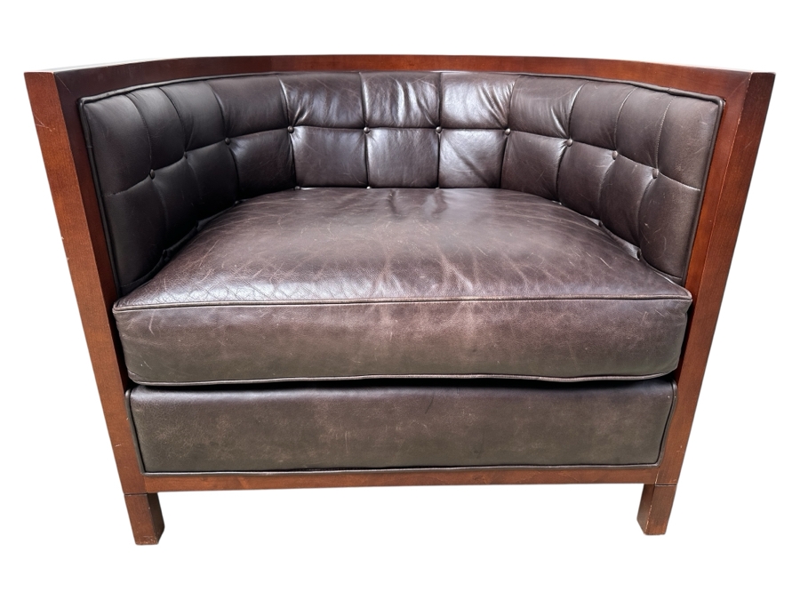 Just Added - Baker Furniture Archetype Maple And Brown Leather Round Tufted Barrel Back Club Chair 36W X 32D X 30H
