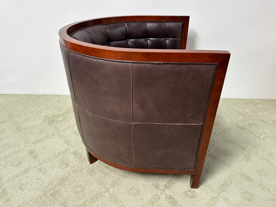 Just Added - Baker Furniture Archetype Maple And Brown Leather Round Tufted Barrel Back Club Chair 36W X 32D X 30H [Photo 4]