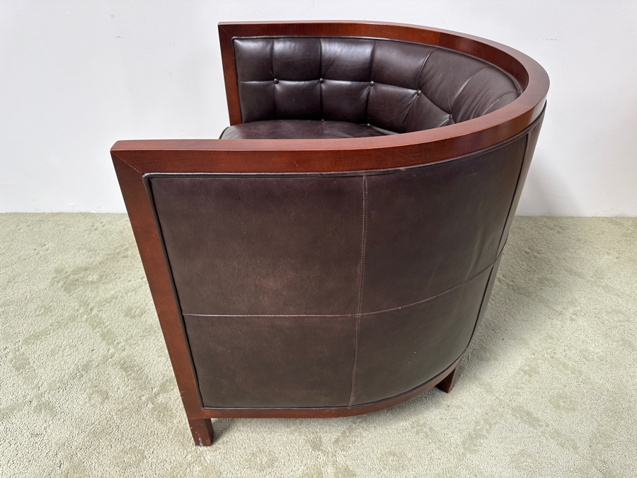 Just Added - Baker Furniture Archetype Maple And Brown Leather Round Tufted Barrel Back Club Chair 36W X 32D X 30H [Photo 6]
