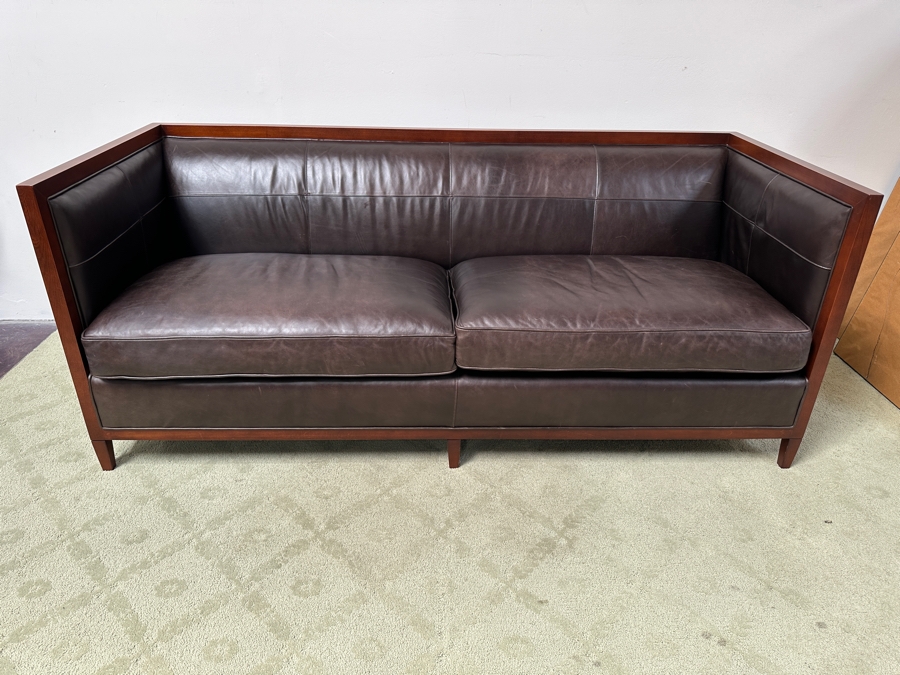 Just Added - Baker Furniture Archetype Maple Wood Banded Brown Leather Modern Sofa #1 78W X 32D X 32.5H Estimate $3,500 [Photo 2]