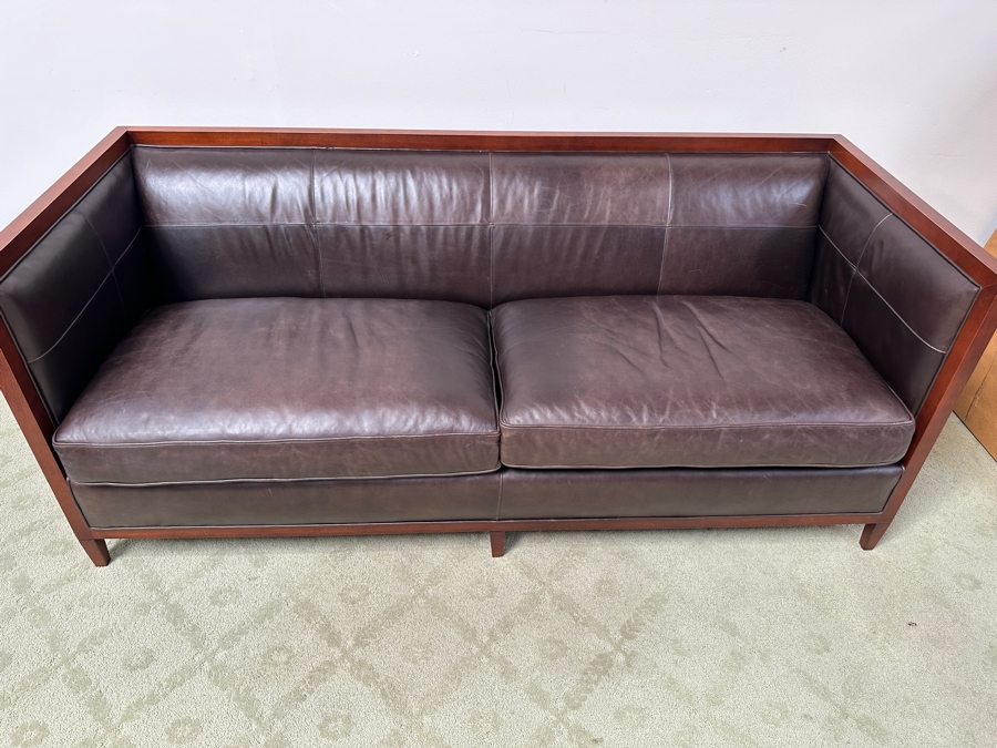 Just Added - Baker Furniture Archetype Maple Wood Banded Brown Leather Modern Sofa #1 78W X 32D X 32.5H Estimate $3,500 [Photo 3]