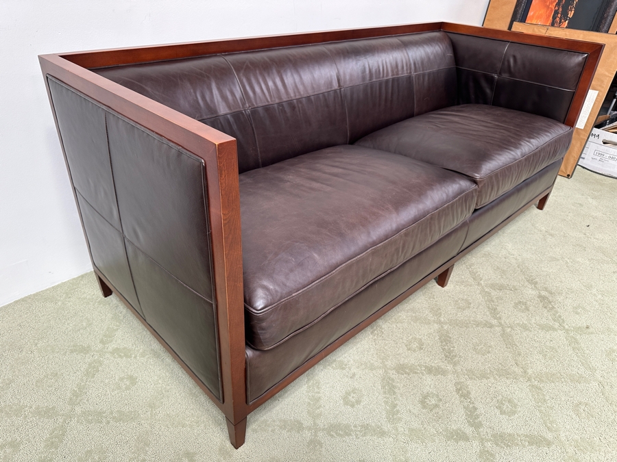 Just Added - Baker Furniture Archetype Maple Wood Banded Brown Leather Modern Sofa #1 78W X 32D X 32.5H Estimate $3,500 [Photo 4]