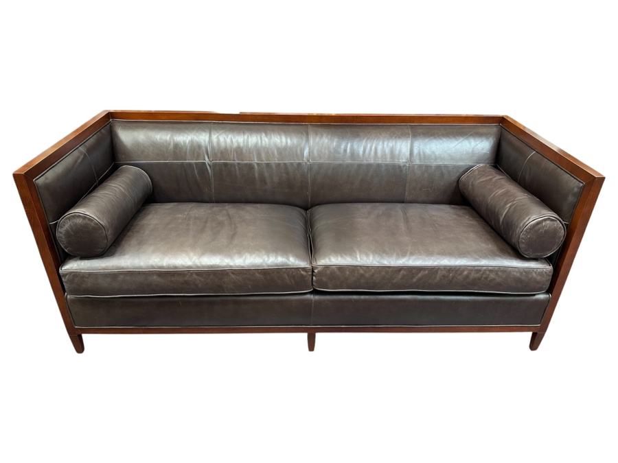 Just Added - Baker Furniture Archetype Maple Wood Banded Brown Leather Modern Sofa #1 78W X 32D X 32.5H Estimate $3,500