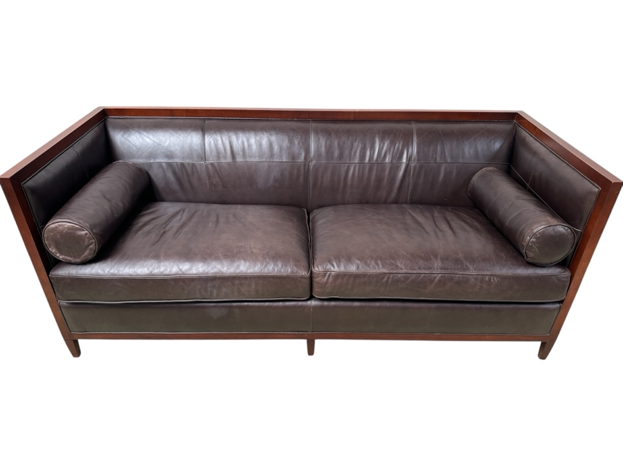 Just Added - Baker Furniture Archetype Maple Wood Banded Brown Leather Modern Sofa #2 78W X 32D X 32.5H Estimate $3,500