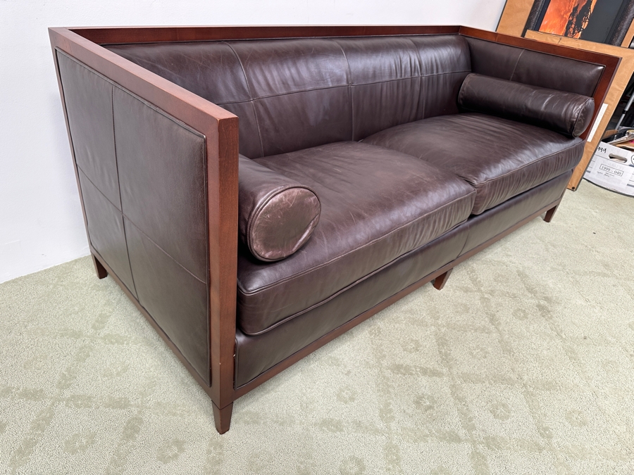 Just Added - Baker Furniture Archetype Maple Wood Banded Brown Leather Modern Sofa #2 78W X 32D X 32.5H Estimate $3,500 [Photo 4]