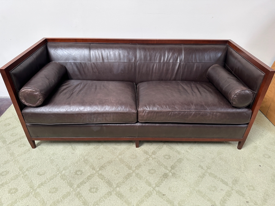Just Added - Baker Furniture Archetype Maple Wood Banded Brown Leather Modern Sofa #2 78W X 32D X 32.5H Estimate $3,500 [Photo 3]