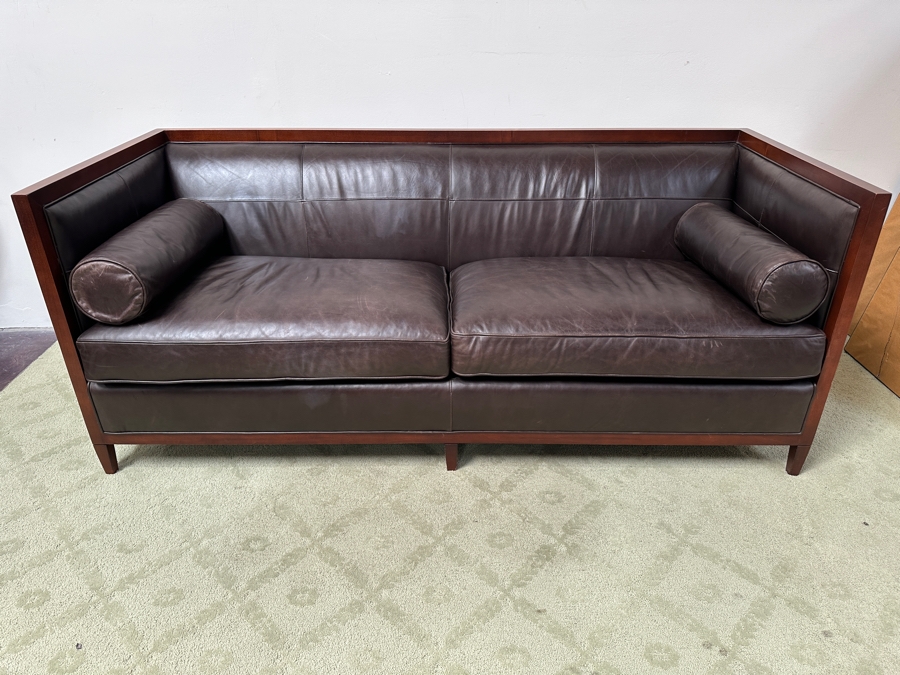 Just Added - Baker Furniture Archetype Maple Wood Banded Brown Leather Modern Sofa #2 78W X 32D X 32.5H Estimate $3,500 [Photo 2]
