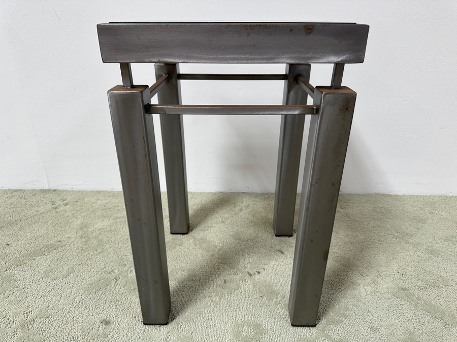 Just Added - Handmade Heavy Brushed Metal Architectural Side Table With Wooden / Glass Top Insert Designer Unknown 14W X 14D X 22.5H [Photo 4]