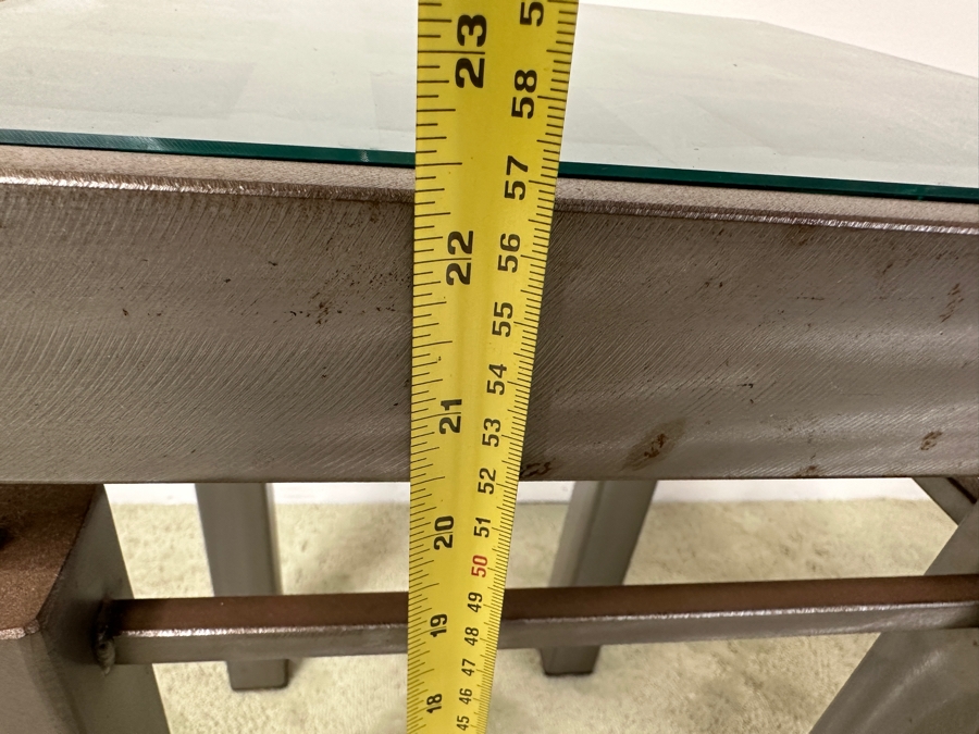 Just Added - Handmade Heavy Brushed Metal Architectural Side Table With Wooden / Glass Top Insert Designer Unknown 14W X 14D X 22.5H [Photo 9]