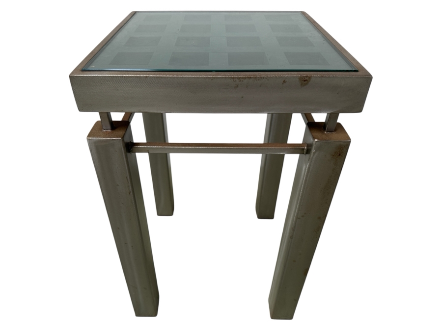 Just Added - Handmade Heavy Brushed Metal Architectural Side Table With Wooden / Glass Top Insert Designer Unknown 14W X 14D X 22.5H