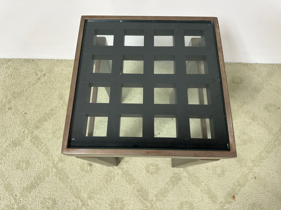 Just Added - Handmade Heavy Brushed Metal Architectural Side Table With Wooden / Glass Top Insert Designer Unknown 14W X 14D X 22.5H [Photo 5]