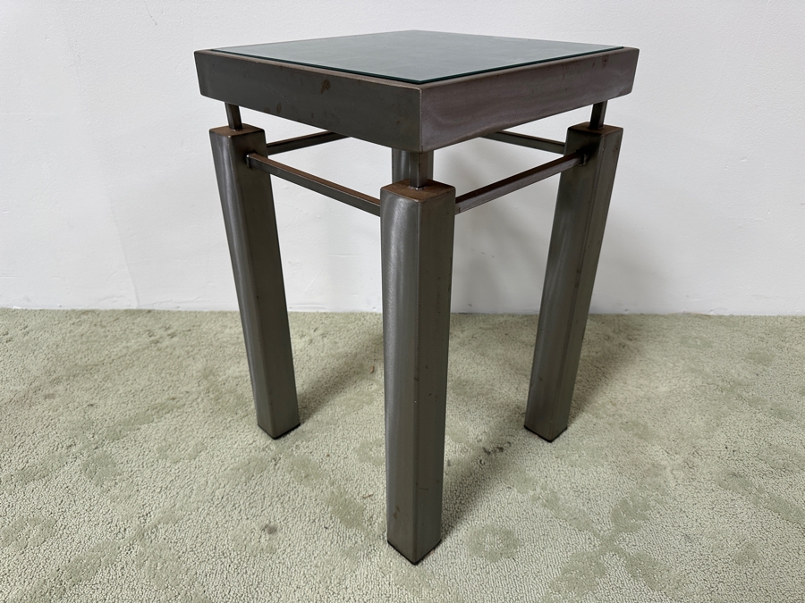 Just Added - Handmade Heavy Brushed Metal Architectural Side Table With Wooden / Glass Top Insert Designer Unknown 14W X 14D X 22.5H [Photo 6]
