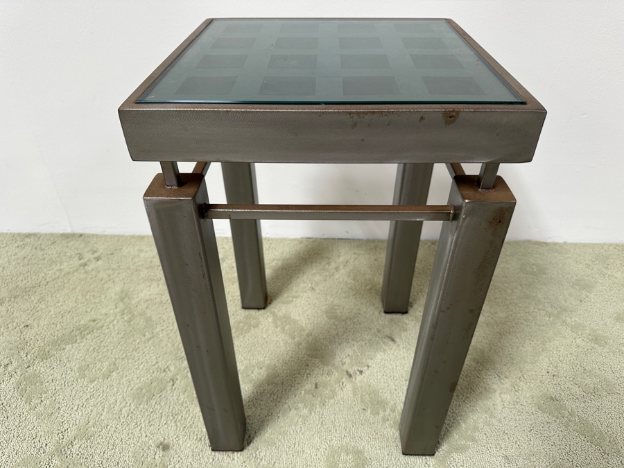 Just Added - Handmade Heavy Brushed Metal Architectural Side Table With Wooden / Glass Top Insert Designer Unknown 14W X 14D X 22.5H [Photo 2]