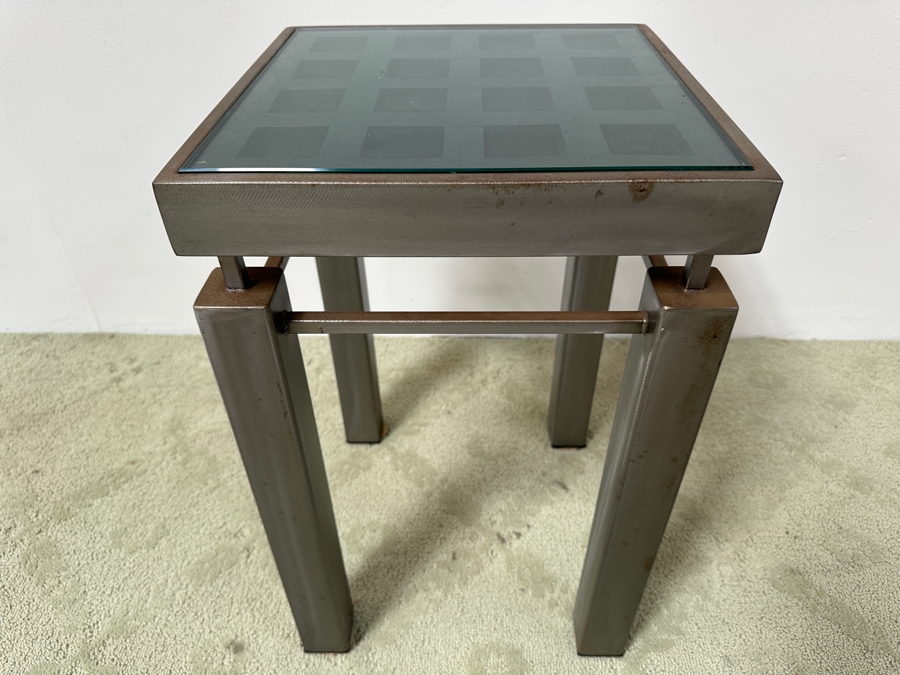 Just Added - Handmade Heavy Brushed Metal Architectural Side Table With Wooden / Glass Top Insert Designer Unknown 14W X 14D X 22.5H [Photo 3]