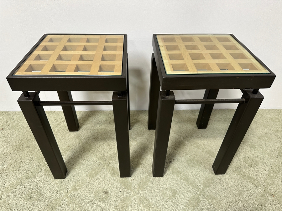 Just Added - Pair Of Handmade Heavy Metal Architectural Side Tables With Wooden / Glass Top Insert Designer Unknown 14W X 14D X 22.5H [Photo 3]