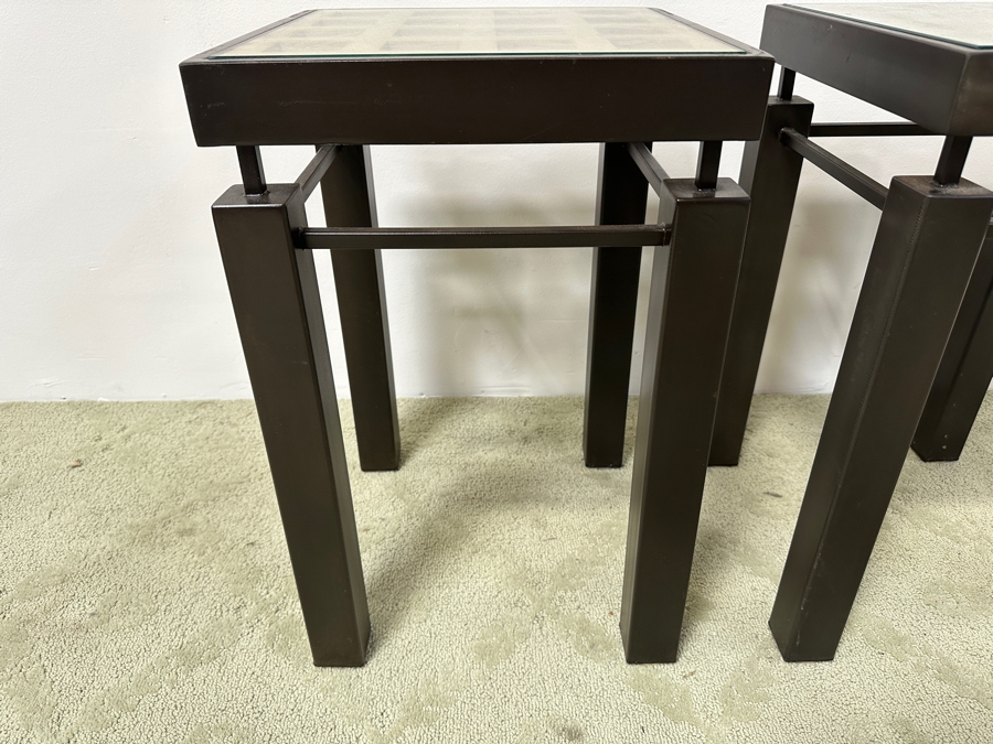 Just Added - Pair Of Handmade Heavy Metal Architectural Side Tables With Wooden / Glass Top Insert Designer Unknown 14W X 14D X 22.5H [Photo 5]