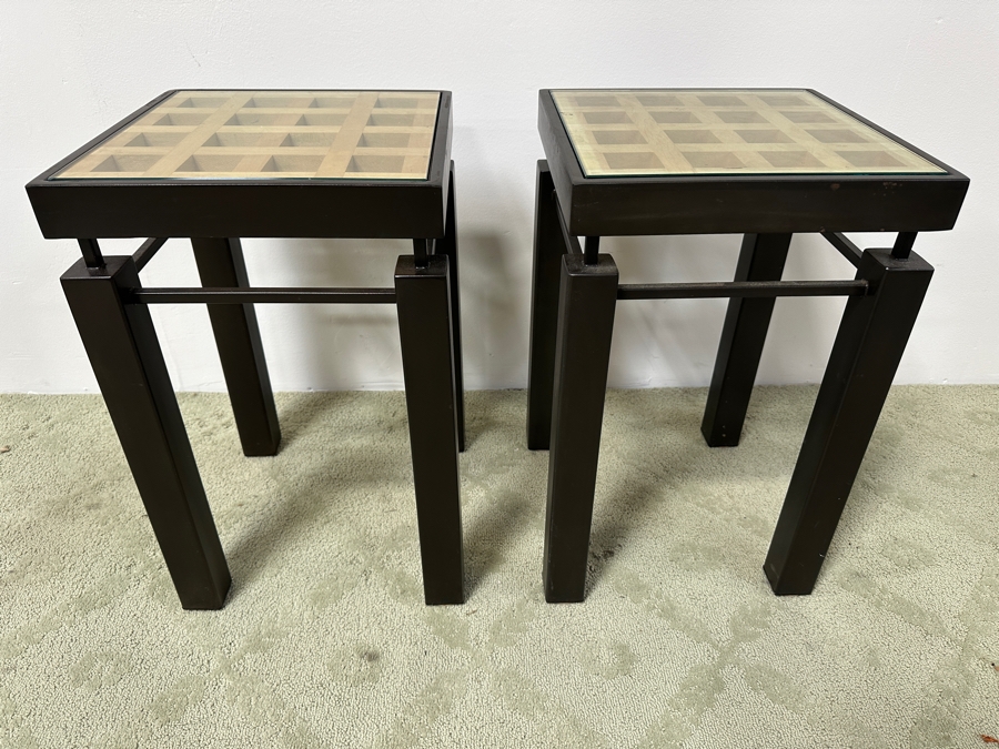 Just Added - Pair Of Handmade Heavy Metal Architectural Side Tables With Wooden / Glass Top Insert Designer Unknown 14W X 14D X 22.5H [Photo 2]