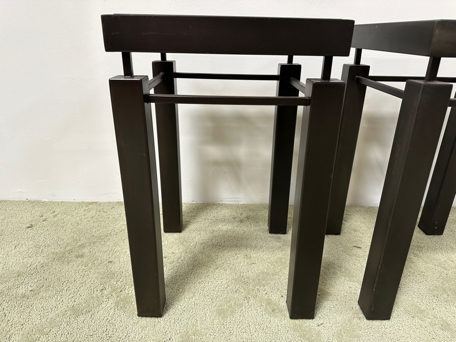 Just Added - Pair Of Handmade Heavy Metal Architectural Side Tables With Wooden / Glass Top Insert Designer Unknown 14W X 14D X 22.5H [Photo 6]