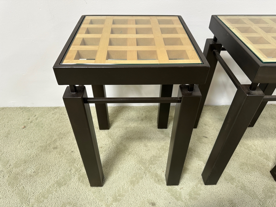 Just Added - Pair Of Handmade Heavy Metal Architectural Side Tables With Wooden / Glass Top Insert Designer Unknown 14W X 14D X 22.5H [Photo 4]