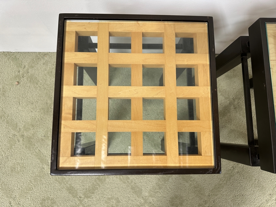 Just Added - Pair Of Handmade Heavy Metal Architectural Side Tables With Wooden / Glass Top Insert Designer Unknown 14W X 14D X 22.5H [Photo 7]