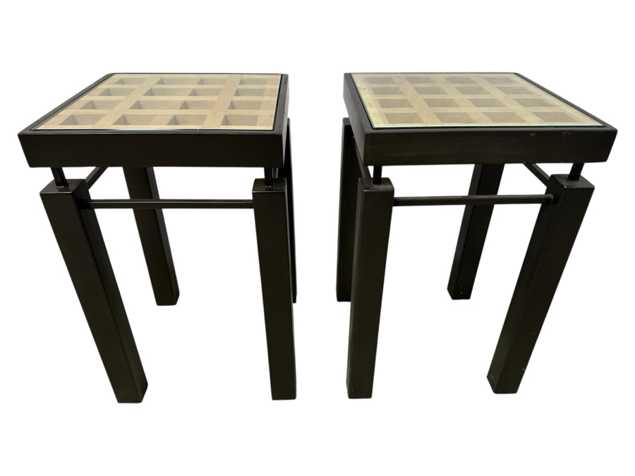 Just Added - Pair Of Handmade Heavy Metal Architectural Side Tables With Wooden / Glass Top Insert Designer Unknown 14W X 14D X 22.5H