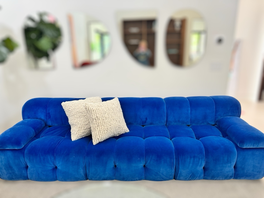 Just Added - Stunning Large Tufted Blue Velvet Sofa 113'W X 40'D
