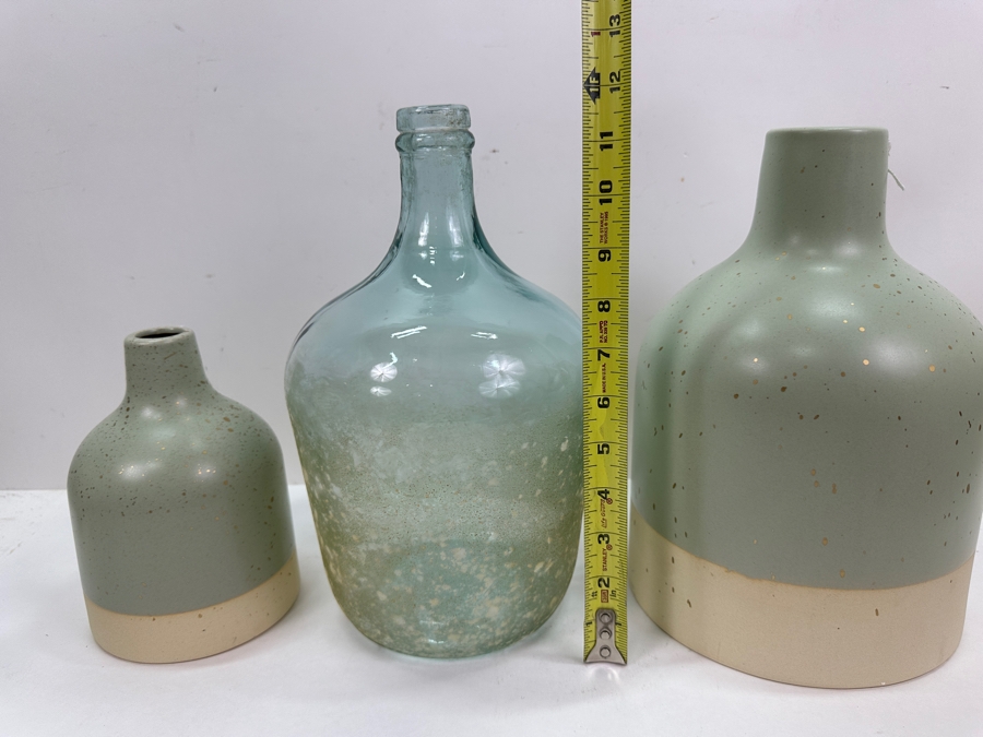 Just Added - Pair Of Ceramic Vases & Glass Bottle 12'H [Photo 4]