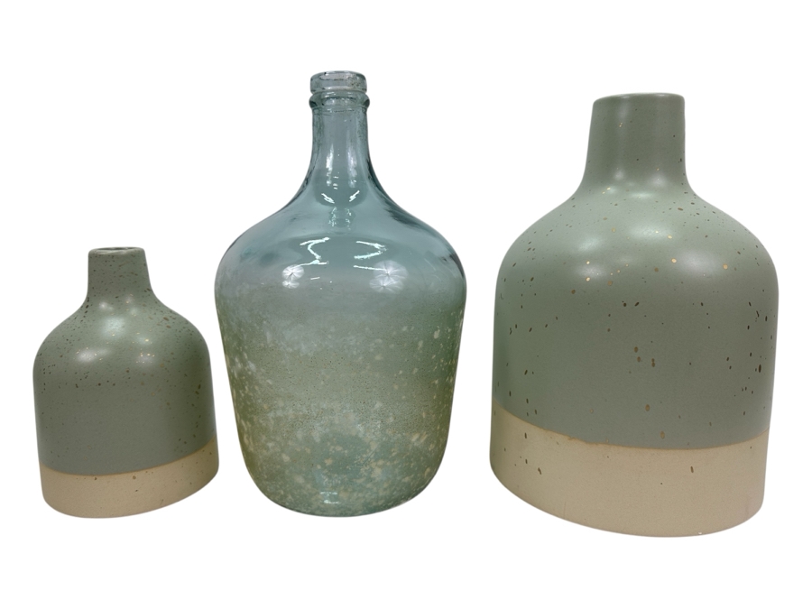 Just Added - Pair Of Ceramic Vases & Glass Bottle 12'H
