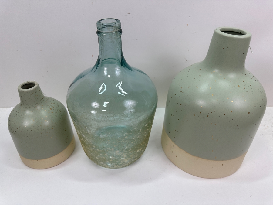 Just Added - Pair Of Ceramic Vases & Glass Bottle 12'H [Photo 3]